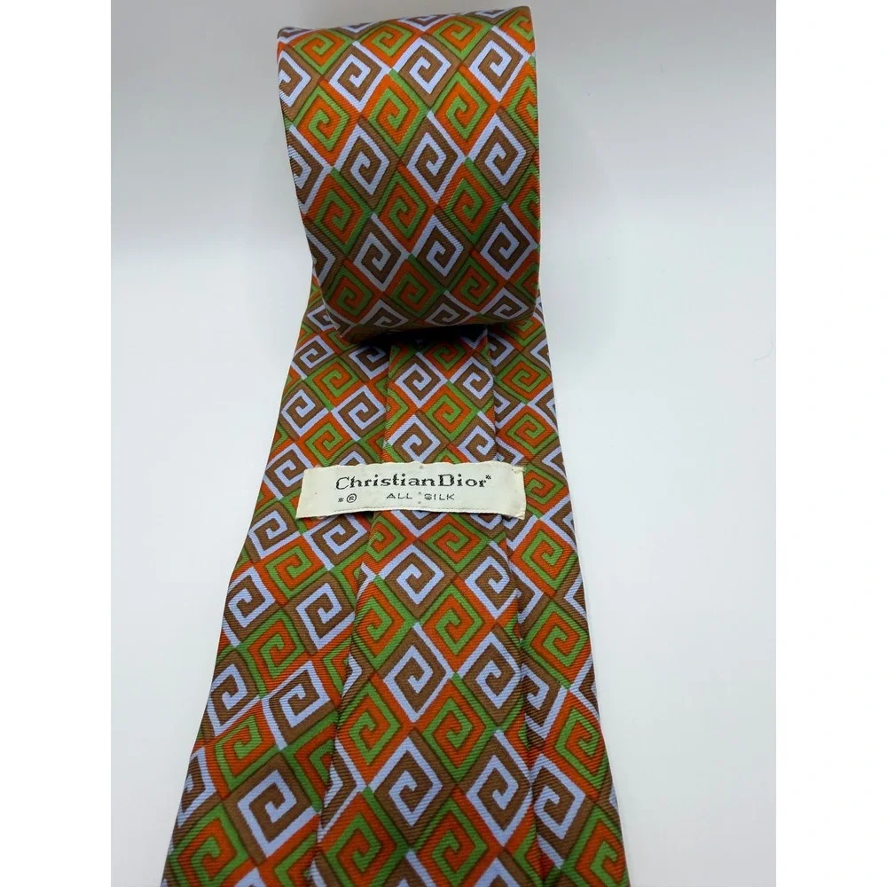 Christian Dior Mens Vintage Silk Tie Orange Green Geometric Greek Key 4 Inch